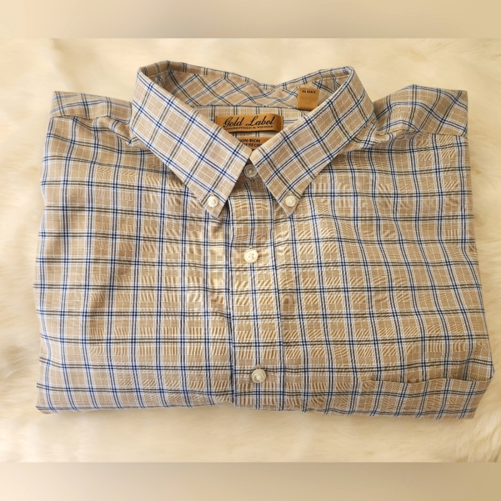 Roundtree & Yorke Gold Label 3XB Tan Plaid Short Sleeve Button Down EUC